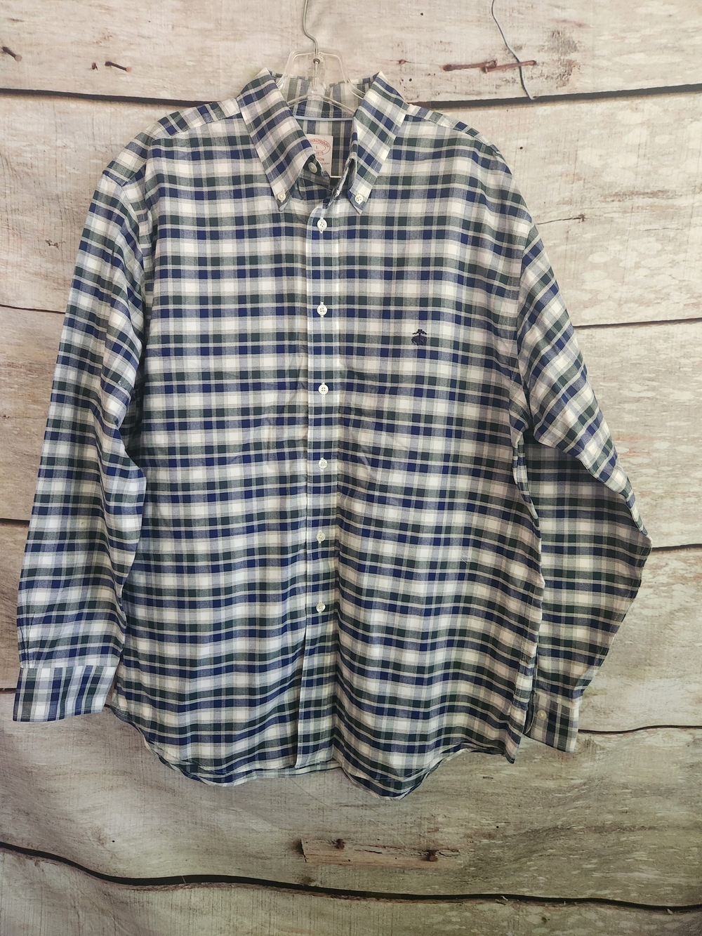Brooks Brothers Navy, White and Green Plaid Button-Down Shirt